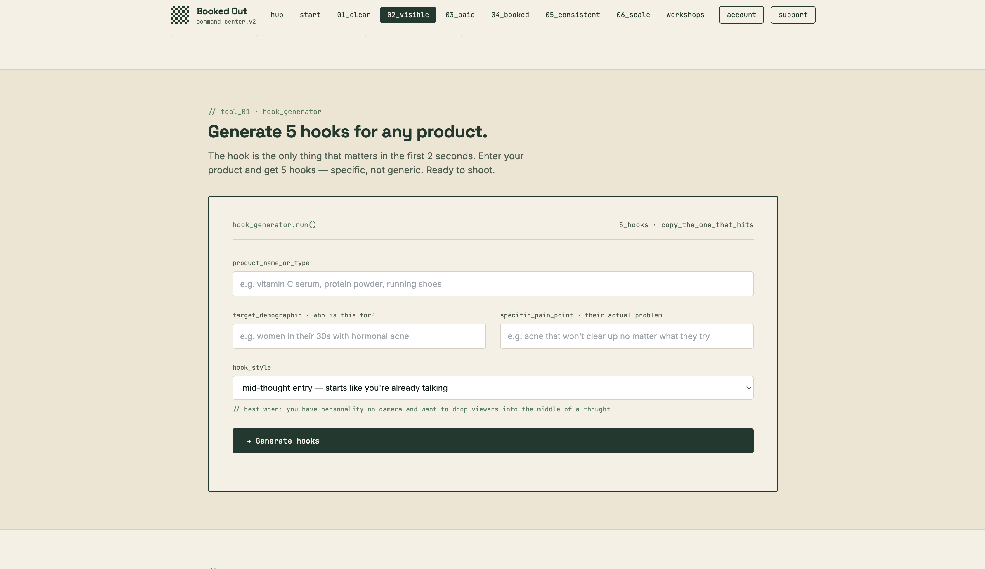 The Hook Generator inside Booked Out